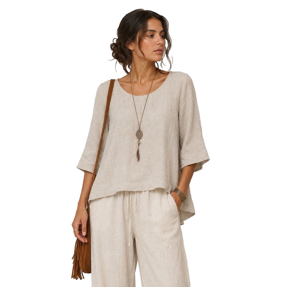 Amazhiyu 100% Linen Boatneck Tunic Top  Women's Size Small Tan Lagenlook Beach